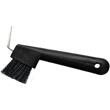 Tough1 Hoof Pick / Brush Combo in Black with a hole for hanging. 