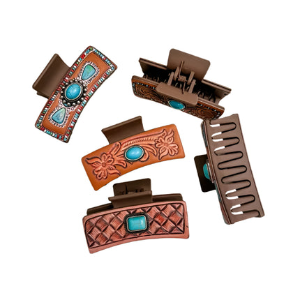 Boho Ranch Shop - Western Faux Embossed Leather turquoise stone Hair Clip Claw