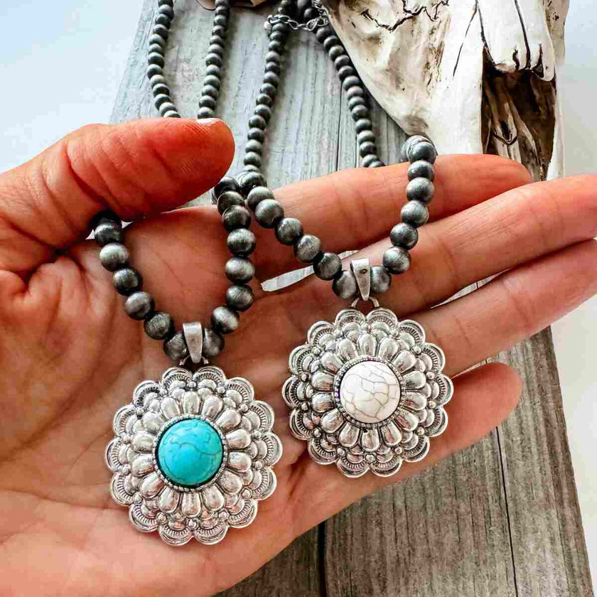 Boho Ranch Shop - Western Navajo Style Concho Necklace Turquoise and white