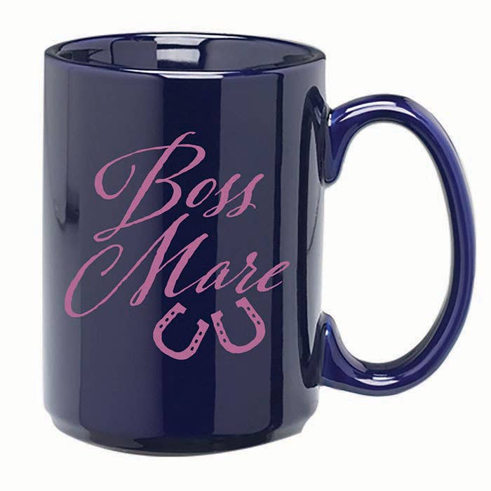 Boss Mare Mug, 15oz blue with pink writing