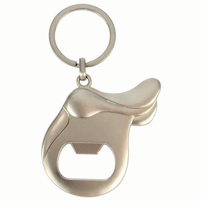 Bottle Opener Saddle Keychain - Metallic keychain with bottle opener shaped like a horse saddle on a white background