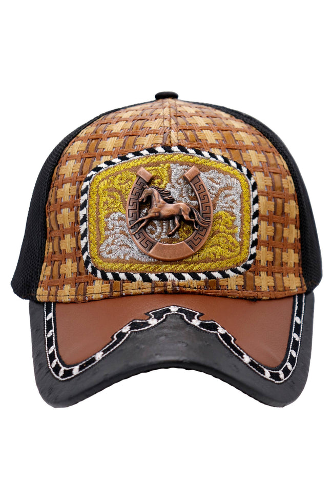 Bronzed Emblem Ostrich Leather Straw Mesh Charro Cap with Horse