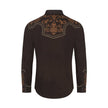 Brown shirt with intricate gold embroidery on a white background