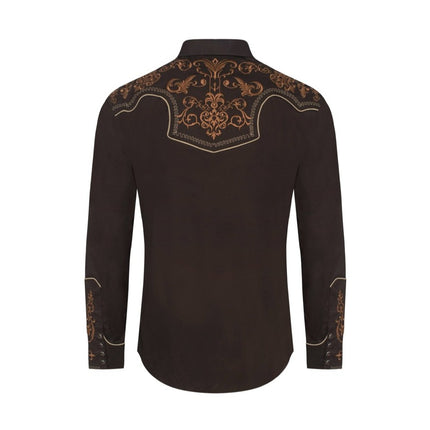 Brown shirt with intricate gold embroidery on a white background