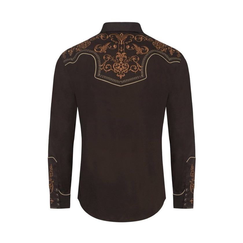 Brown shirt with intricate gold embroidery on a white background