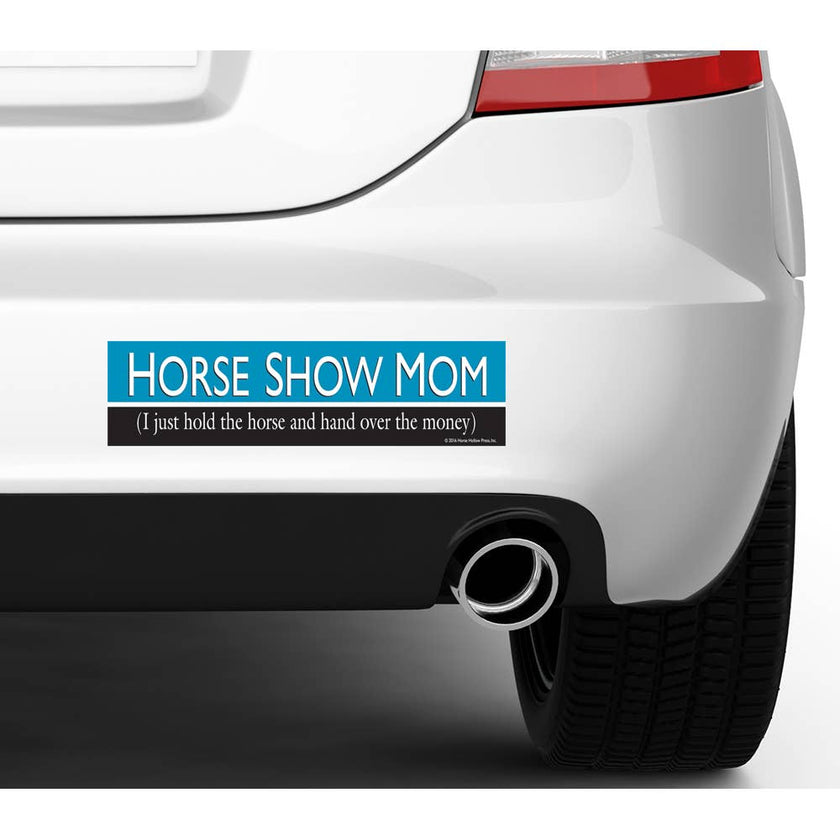 Car with a 'Horse Show Mom' bumper sticker on the back