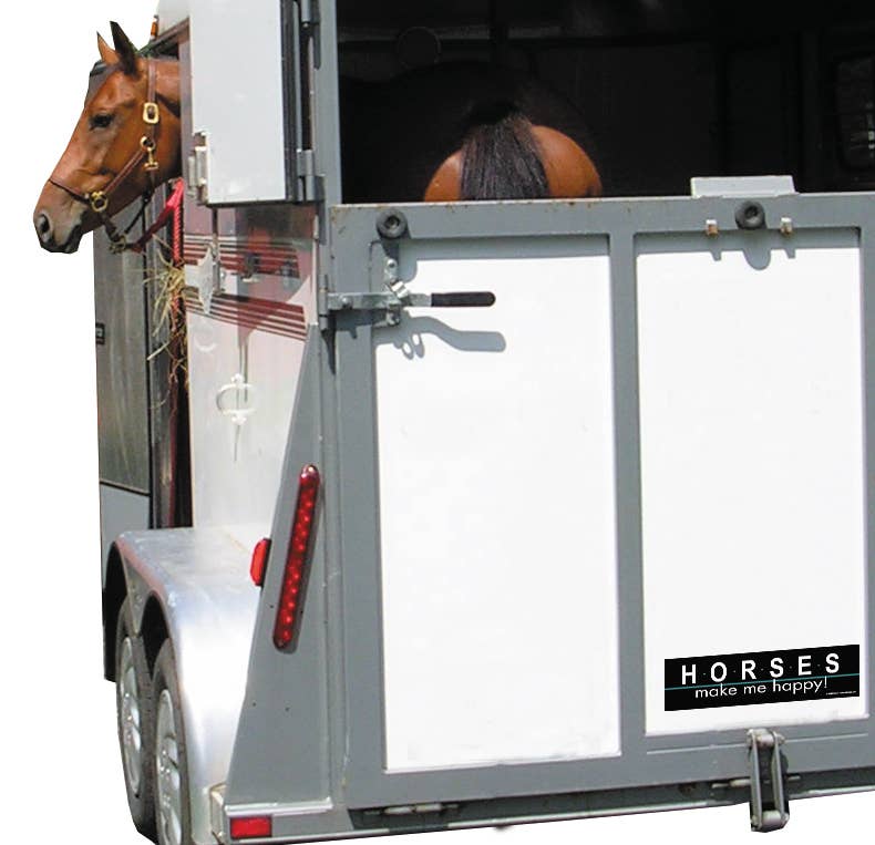 Bumper Sticker: Horses Make Me Happy! on the back of a trailer