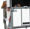 Bumper Sticker: Horses Make Me Happy! on the back of a trailer