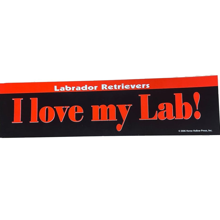 A bumper sticker with red and black text that says 'I love my Lab!' 