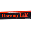 A bumper sticker with red and black text that says 'I love my Lab!' 