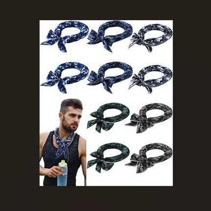 Collection of bandanas with camouflage pattern on a white background, with a man wearing one in the corner.
