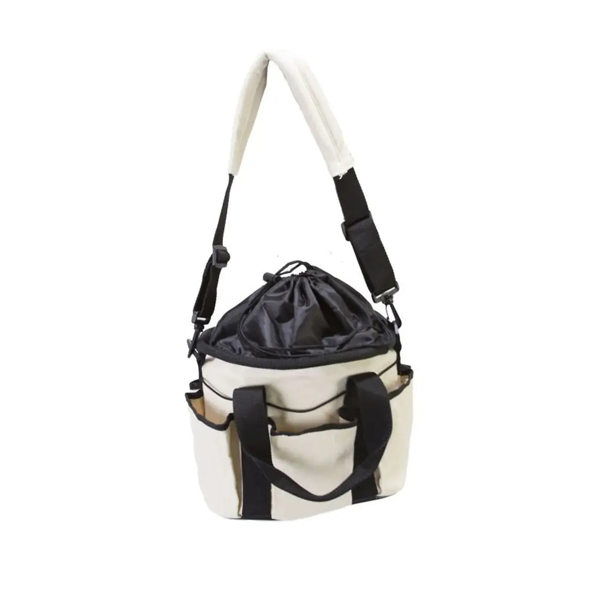 Canvas Drawstring Grooming Tote closed showing shoulder strap and short handle