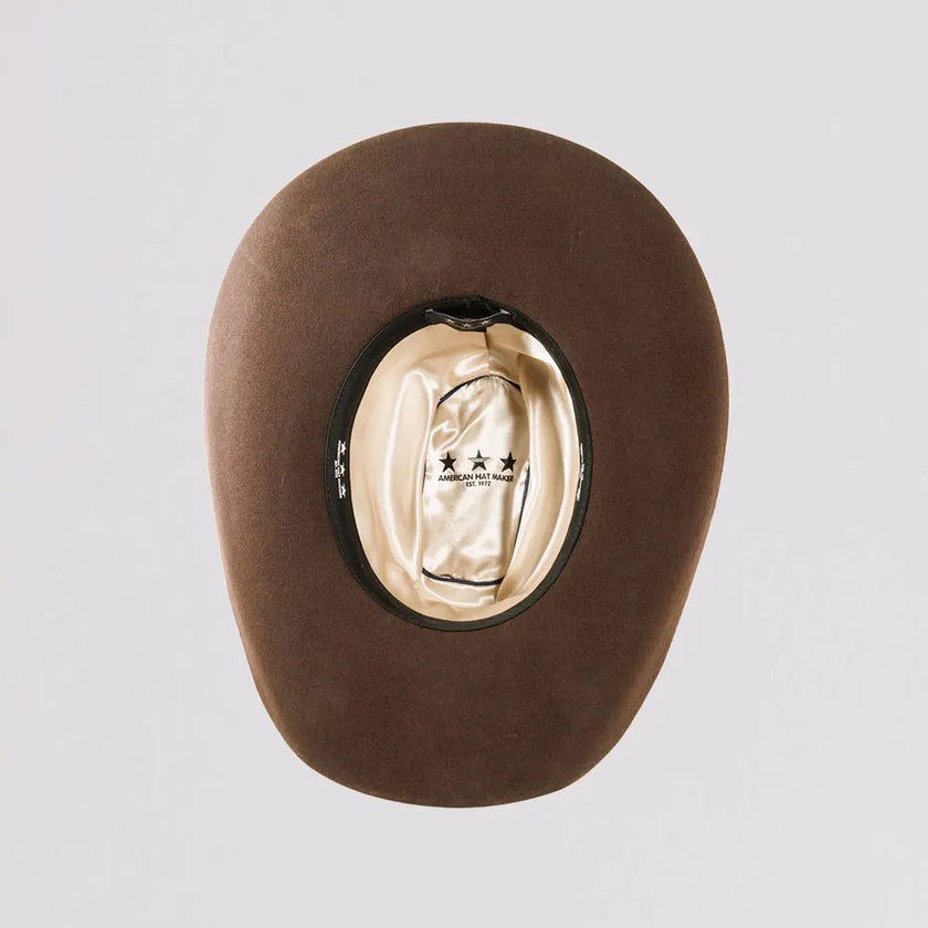 American Hat Makers - Cattleman - Felt Cowboy Hat Chocolate inside view with hat band and three piece buckle