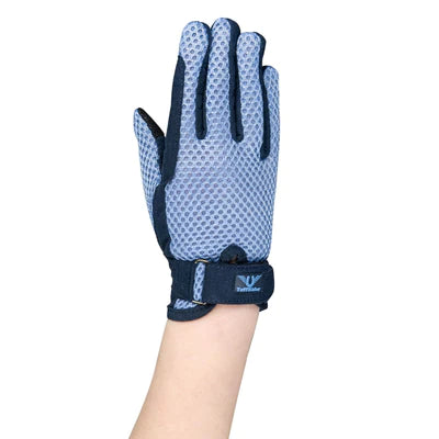Children's Air Mesh Half Chap and Glove Set shows back side of glove on a hand.