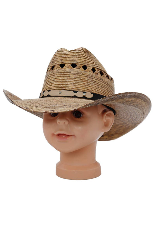Children's Quarterhorse Palm Straw Cowboy Hat Tan front view on model