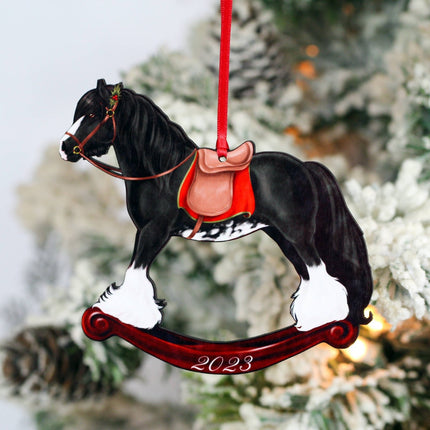 Classy Equine - 2024 Black Blagdon Gypsy Rocking Horse Christmas Ornament hanging on Christmas tree