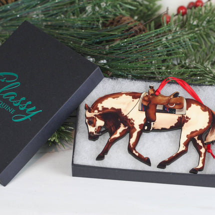 Classy Equine - Chestnut Overo Western Riding Ranch Horse Christmas Ornament gift box