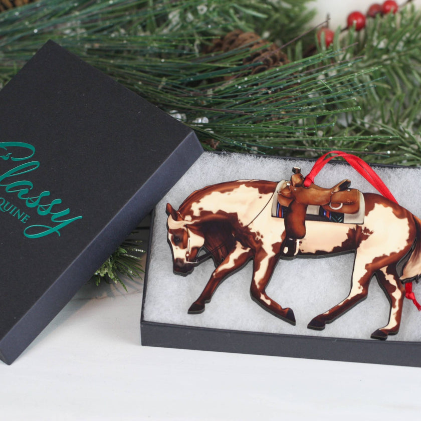 Classy Equine - Chestnut Overo Western Riding Ranch Horse Christmas Ornament gift box