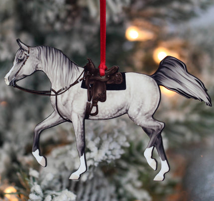 Classy Equine - Dapple Gray Arabian Show Horse Ornament hanging on Christmas Tree