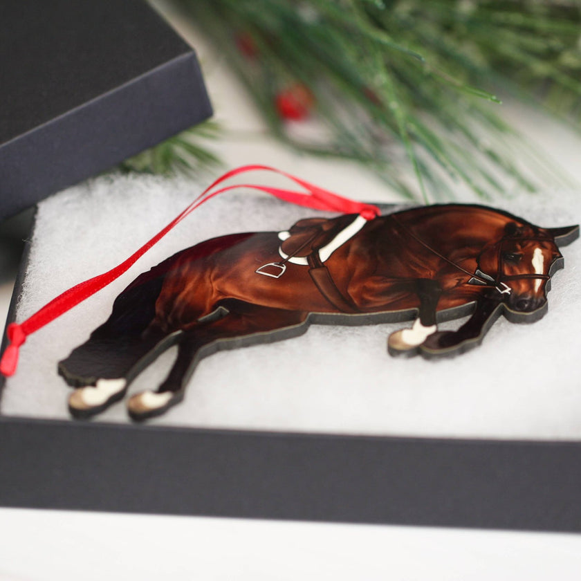 Classy Equine - Equestrian Hunter Horse Ornament - Bay Jumping gift box
