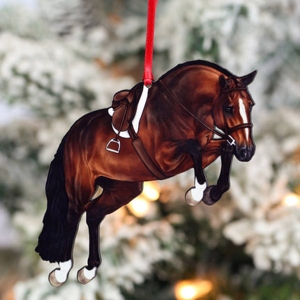 Classy Equine - Equestrian Hunter Horse Ornament - Bay Jumping hanging on a tree