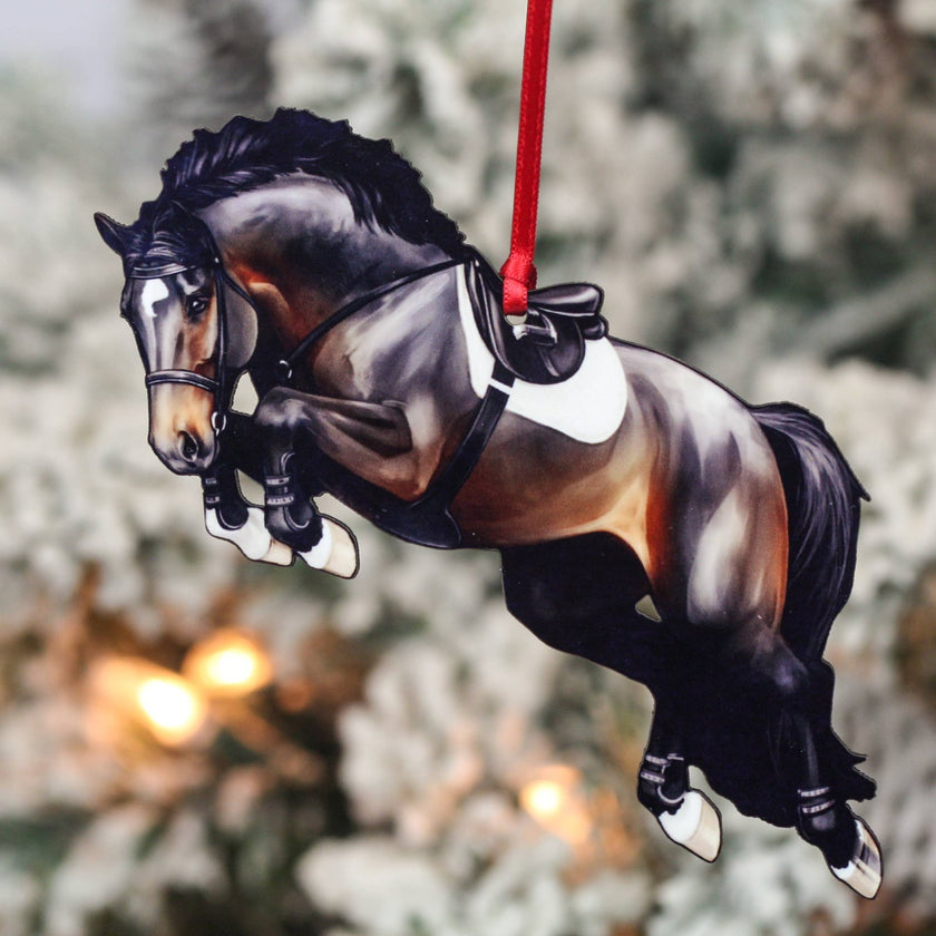 Classy Equine - Equestrian Jumping Horse Ornament - Seal Bay Hunter Jumper hanging from tree