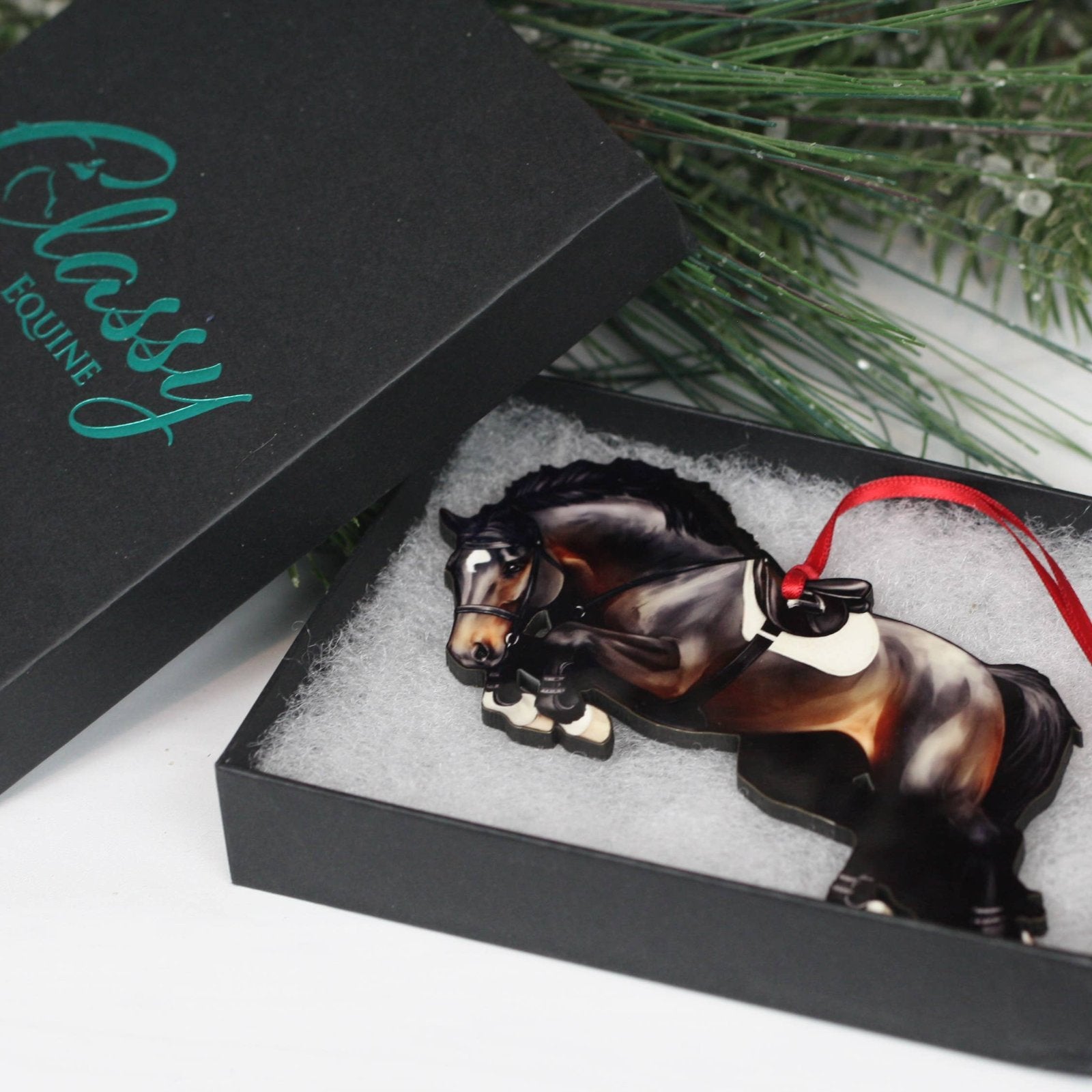 Classy Equine - Equestrian Jumping Horse Ornament - Seal Bay Hunter Jumper gift box
