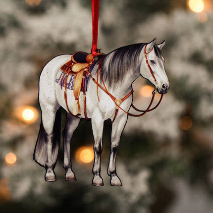 Classy Equine - Gray Western Ranch Horse Ornament - Quarter Horse hanging on a tree