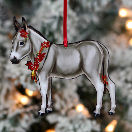 Classy Equine - Gray & White Miniature Donkey Christmas Ornament hanging on tree