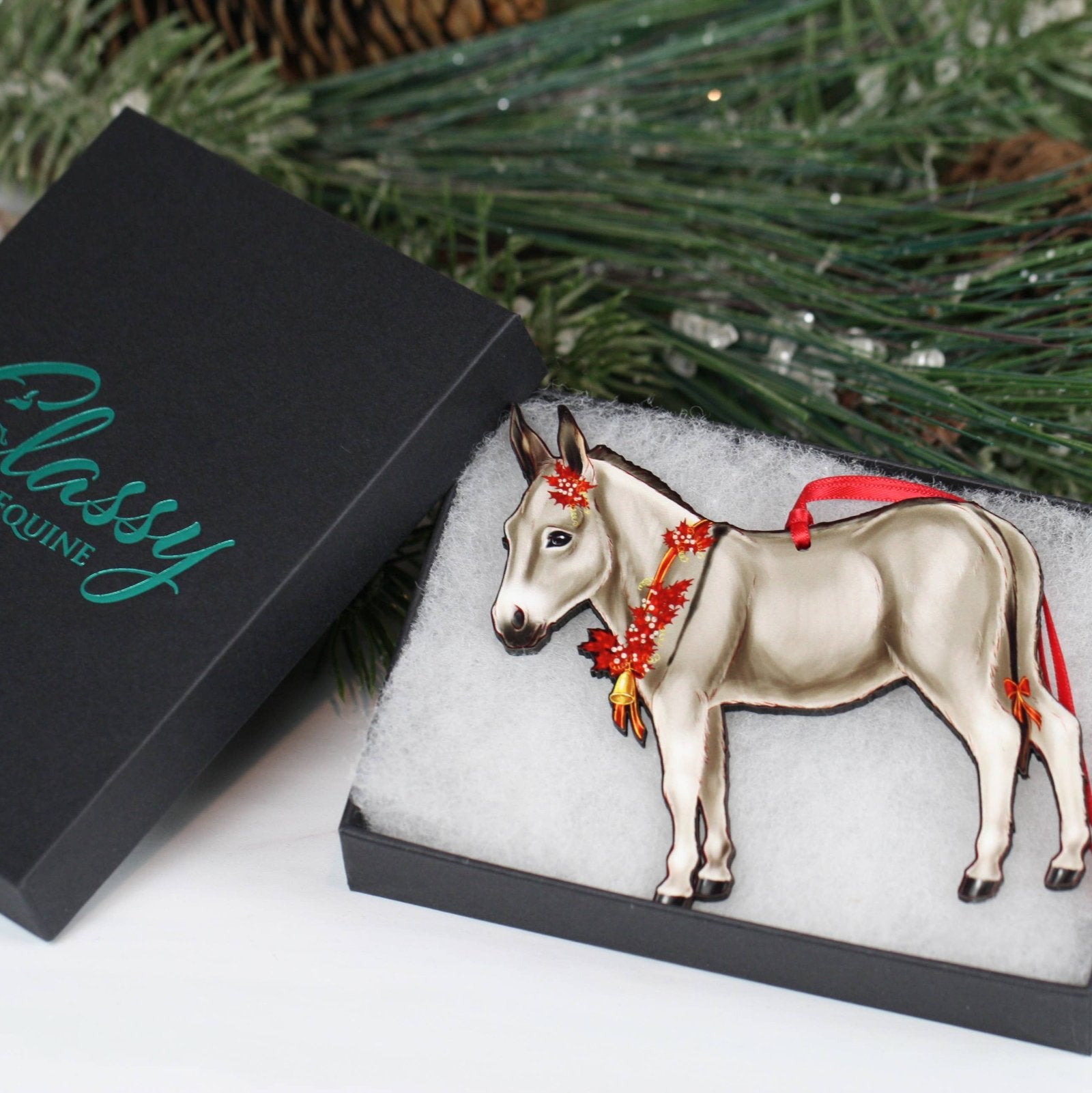 Classy Equine - Gray & White Miniature Donkey Christmas Ornament gift box