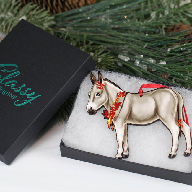 Classy Equine - Gray & White Miniature Donkey Christmas Ornament gift box