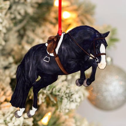 Classy Equine - Hunter Jumper Horse Christmas Ornament - Black Sport Horse hanging on string