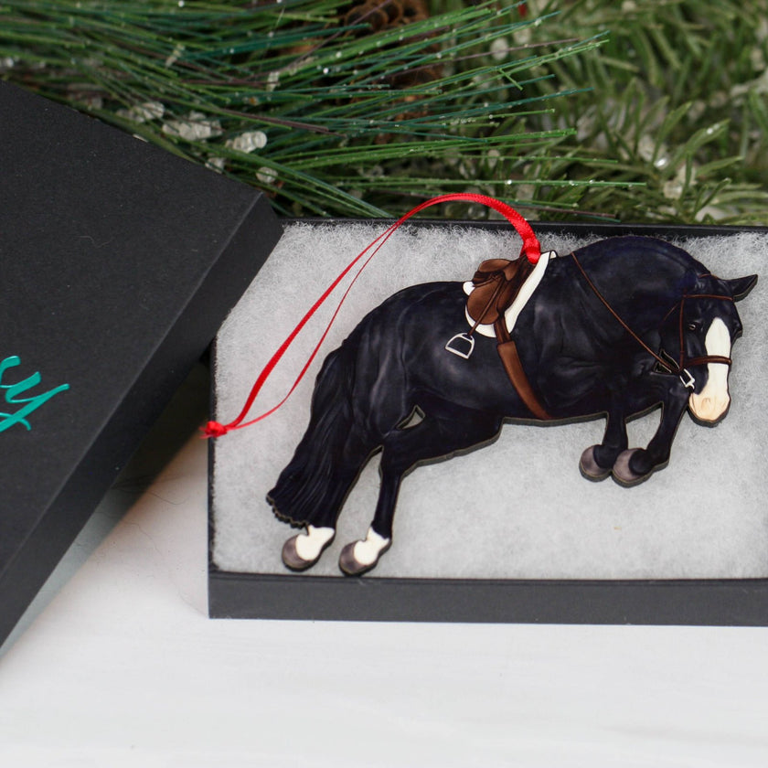 Classy Equine - Hunter Jumper Horse Christmas Ornament - Black Sport Horse Gift Box