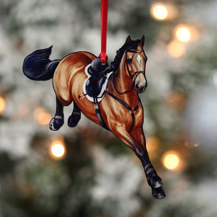 Classy Equine - Jumping Horse Ornament - Bay Hunter Jumper on string