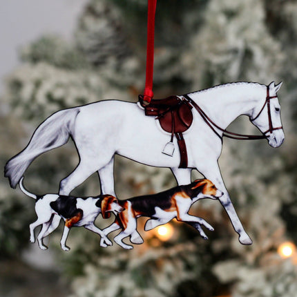 Classy Equine - Lt. Gray Fox Hunter Horse and Hounds Field Hunter Ornament hanging