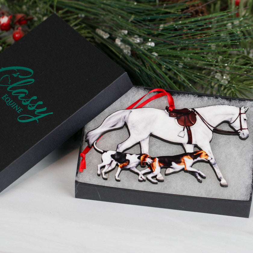 Classy Equine - Lt. Gray Fox Hunter Horse and Hounds Field Hunter Ornament Gift Box