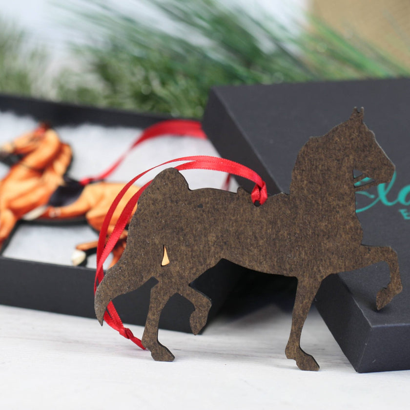 Classy Equine - Saddlebred Horse Ornament - Chestnut Saddle Seat Horse Gift Box and back view