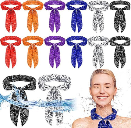 colorful cooling scarves with a woman wearing one as a neck scarf