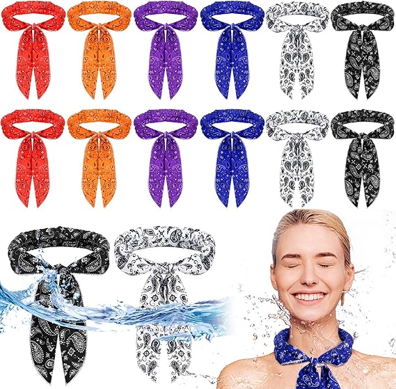 colorful cooling scarves with a woman wearing one as a neck scarf