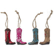 Four cowboy boot ornaments in four different colors.