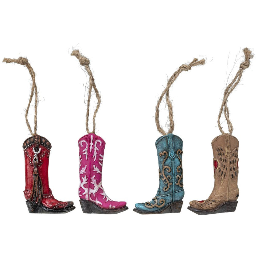 Four cowboy boot ornaments in four different colors.