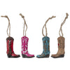 Four cowboy boot ornaments in four different colors.