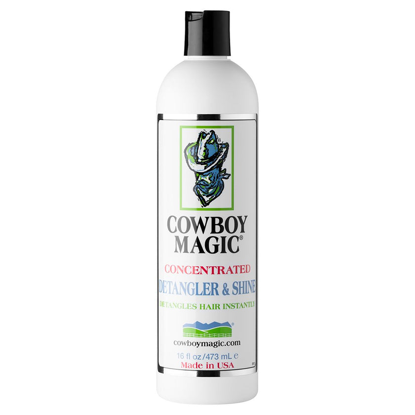 A 16 ounce bottle of Cowboy Magic Detangler & Shine with label information visible.