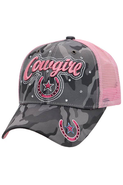 Cowgirl Horseshoe Bling Camo Curved Bill Baseball Cap Grey and pink