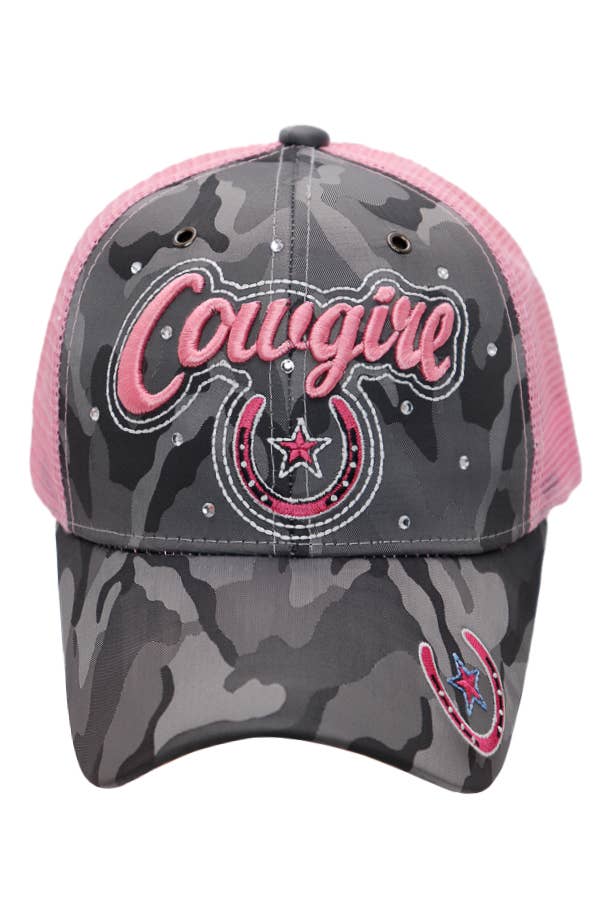 Cowgirl Horseshoe Bling Camo Curved Bill Baseball Cap front view 