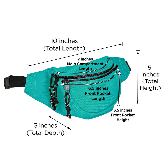 DALIX Fanny Pack with 3 Pockets - Traveling Concealment Pouch 14 detailed measurements of pouch.