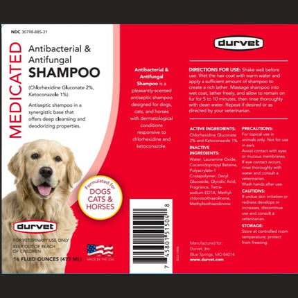 DURVET Medicated Antibacterial & Antifungal Shampoo 16 oz label