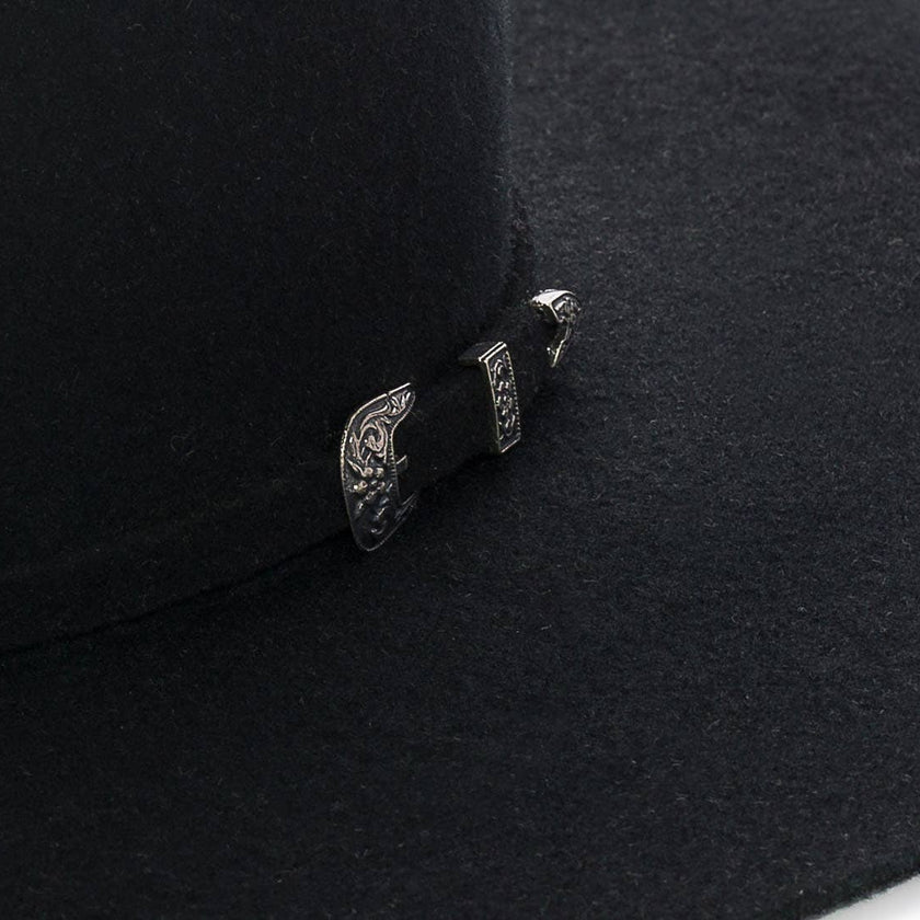 Denton Black Low Cattleman Cowboy Hat showing detail of hat band buckle
