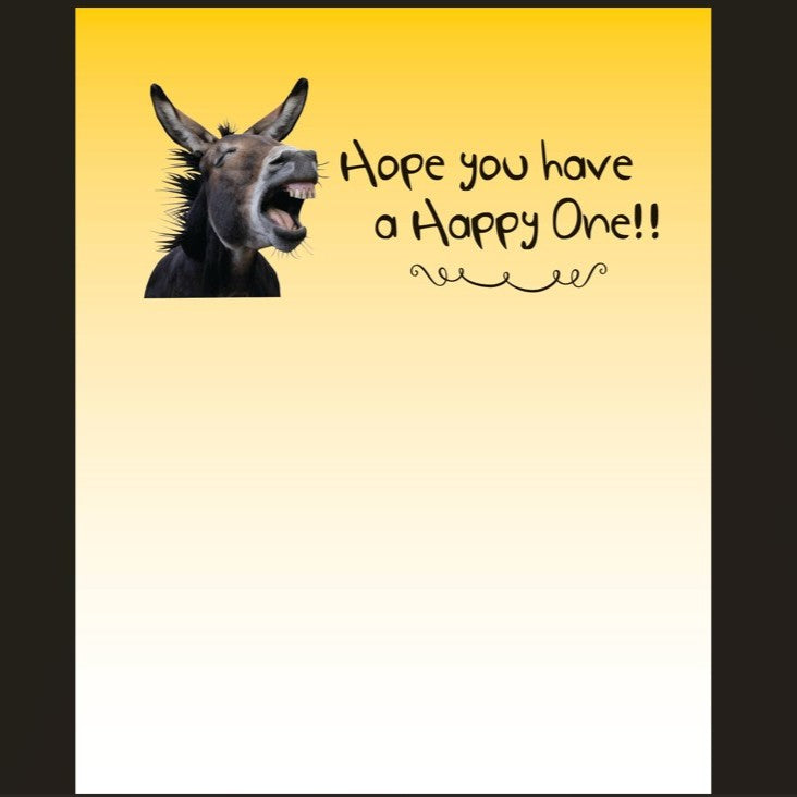 Donkey face with text 'Hope you have a Happy One!!' on a yellow  background