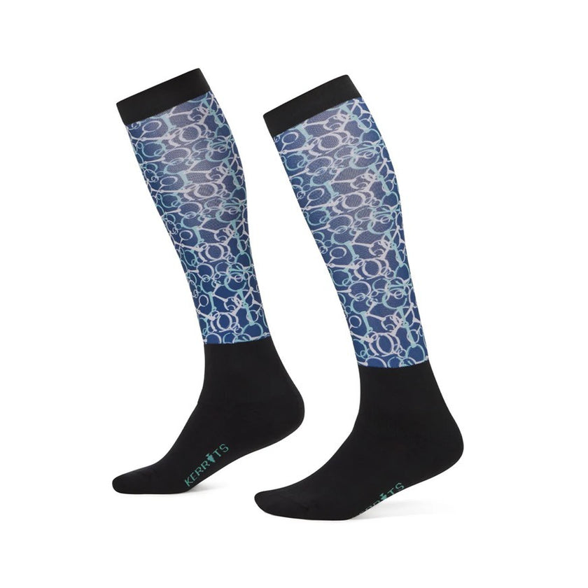 Dual Zone Equestrian Boot Socks with snaffles in shades of blue with black foot and band at knee-high.